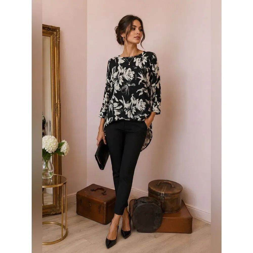 Vintage Concept High Low Black and White Floral Blouse